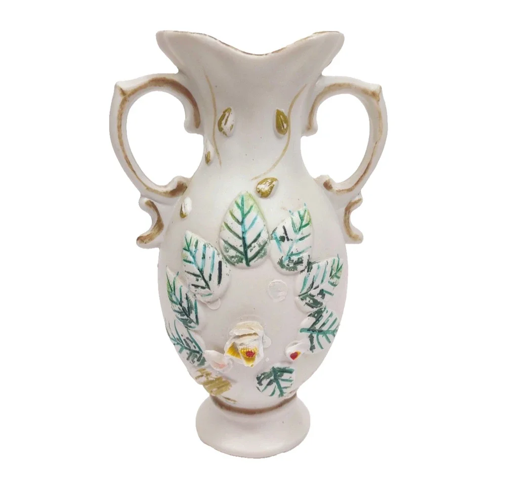 Vintage Bisque Porcelain Handled Raised Flower Vase 7